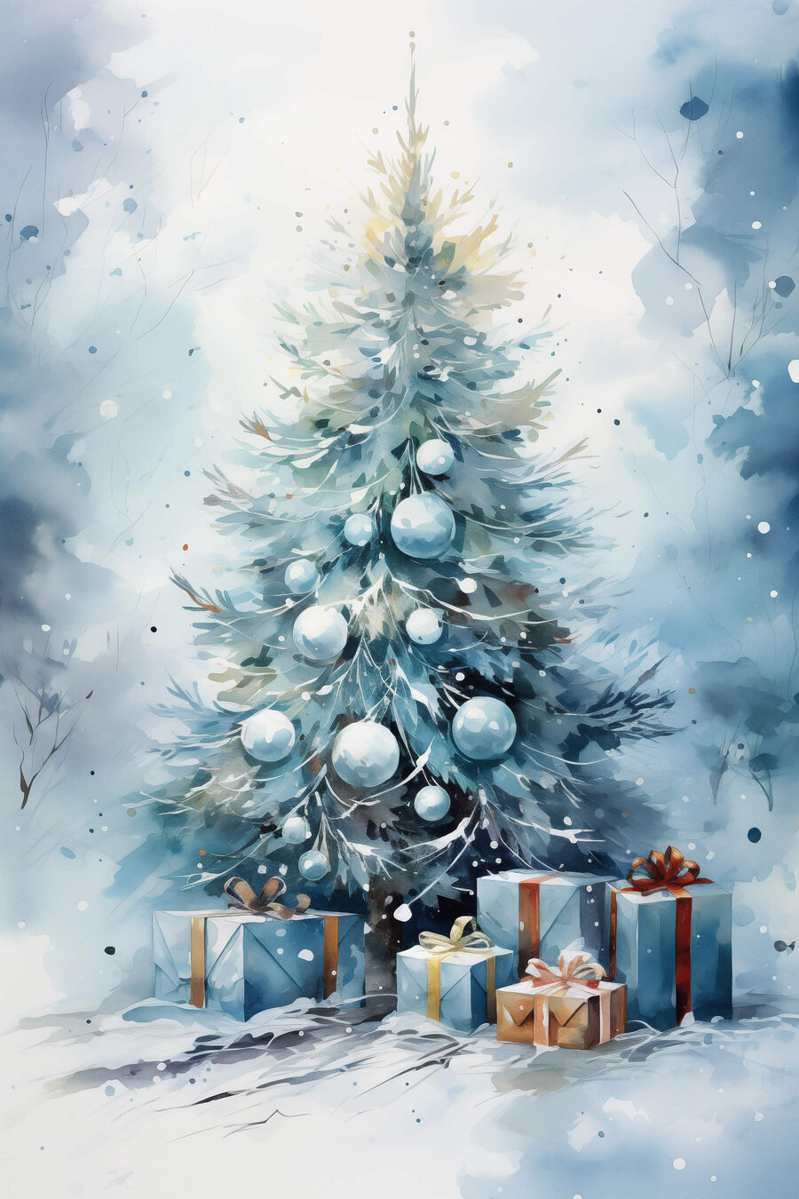 Aquarel van een kerstboom met cadeautjes