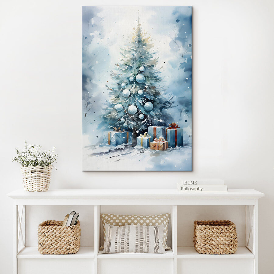 Aquarel van een kerstboom met cadeautjes