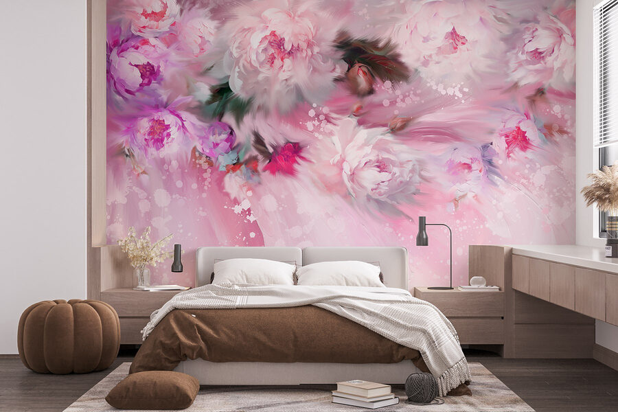 Schilderij van bloemen op roze achtergrond