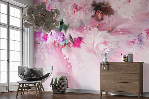 Schilderij van bloemen op roze achtergrond Schilderij van bloemen op roze achtergrond