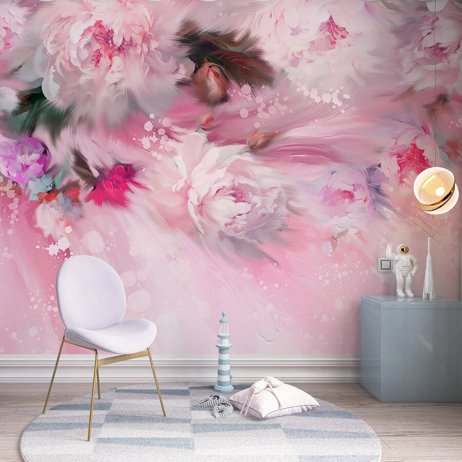Schilderij van bloemen op roze achtergrond