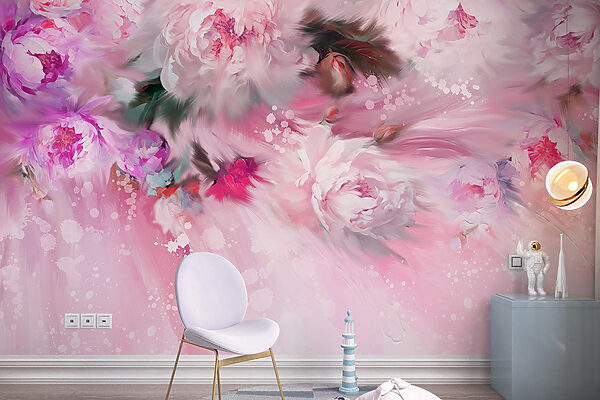 Schilderij van bloemen op roze achtergrond Schilderij van bloemen op roze achtergrond