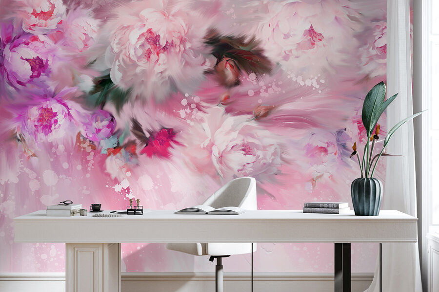 Schilderij van bloemen op roze achtergrond