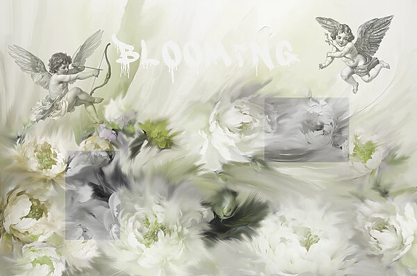 Schilderij van engelen met pijl en boog op bloemen Schilderij van engelen met pijl en boog op bloemen