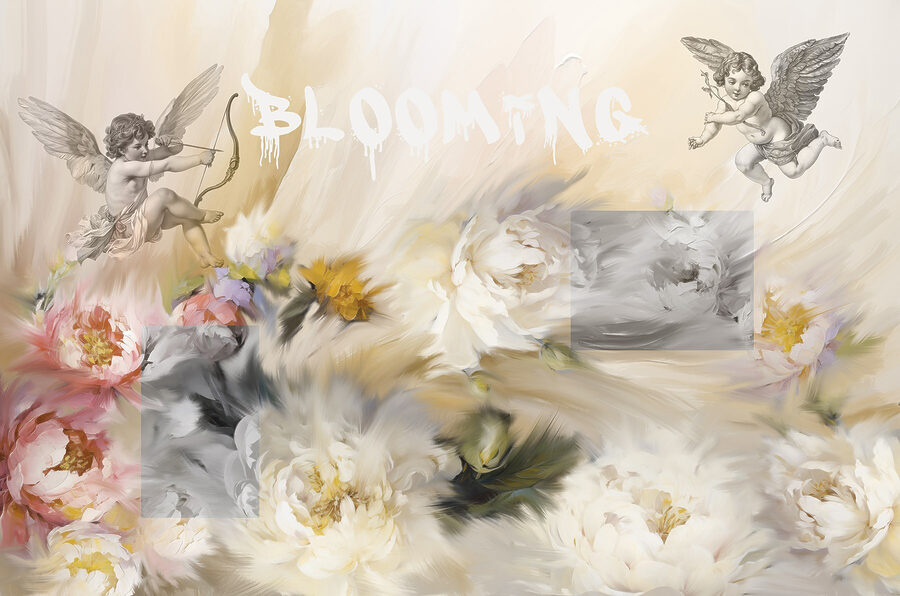 Schilderij van engelen met pijl en boog die bloemen schieten