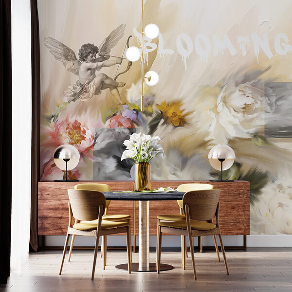 Schilderij van engelen met pijl en boog die bloemen schieten Schilderij van engelen met pijl en boog die bloemen schieten