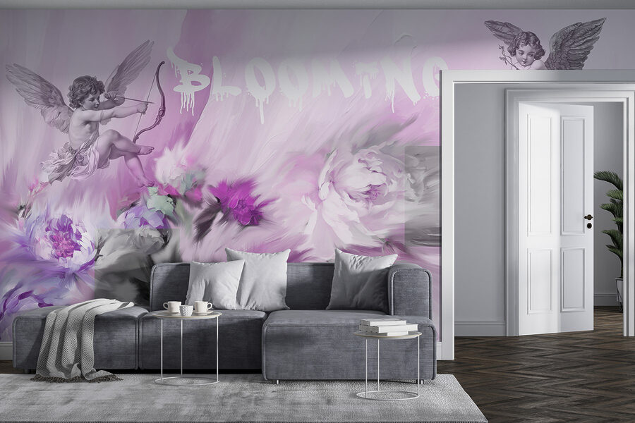 Schilderij van engelen en bloemen