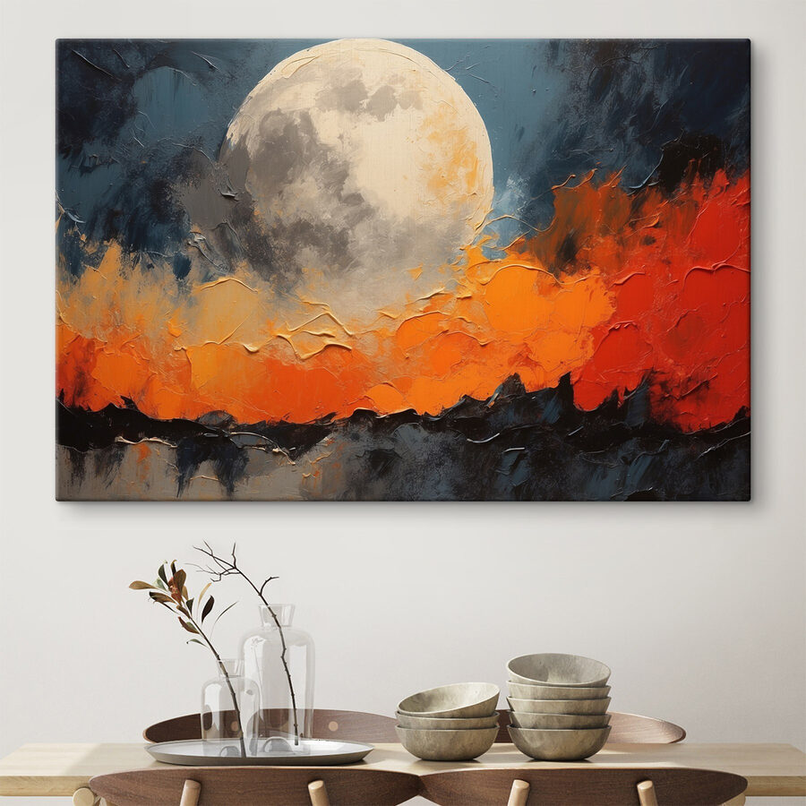 Schilderij van een maan en vuur