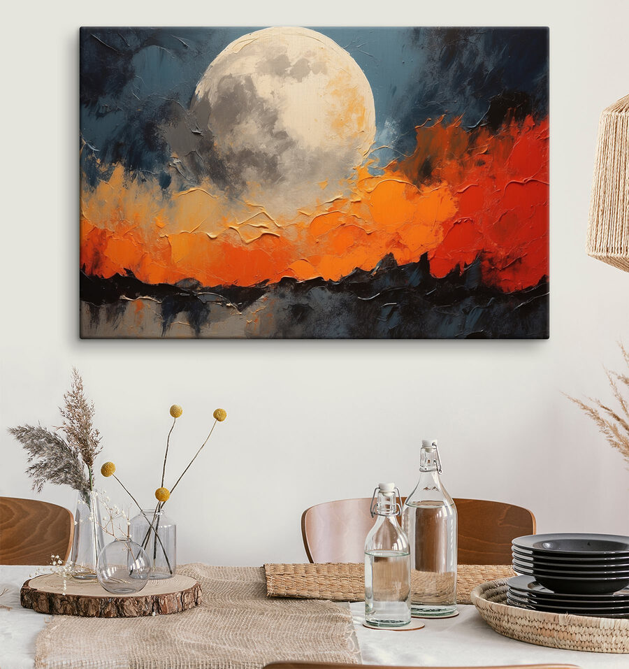 Schilderij van een maan en vuur