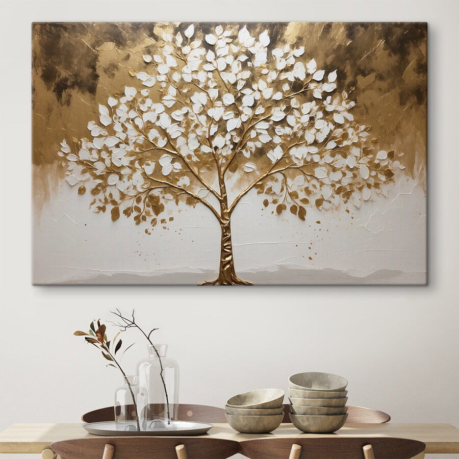 Schilderij van een boom met witte bladeren Schilderij van een boom met witte bladeren