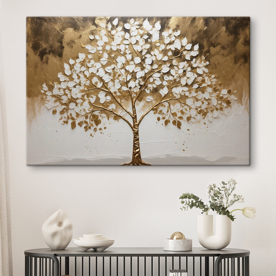 Schilderij van een boom met witte bladeren Schilderij van een boom met witte bladeren
