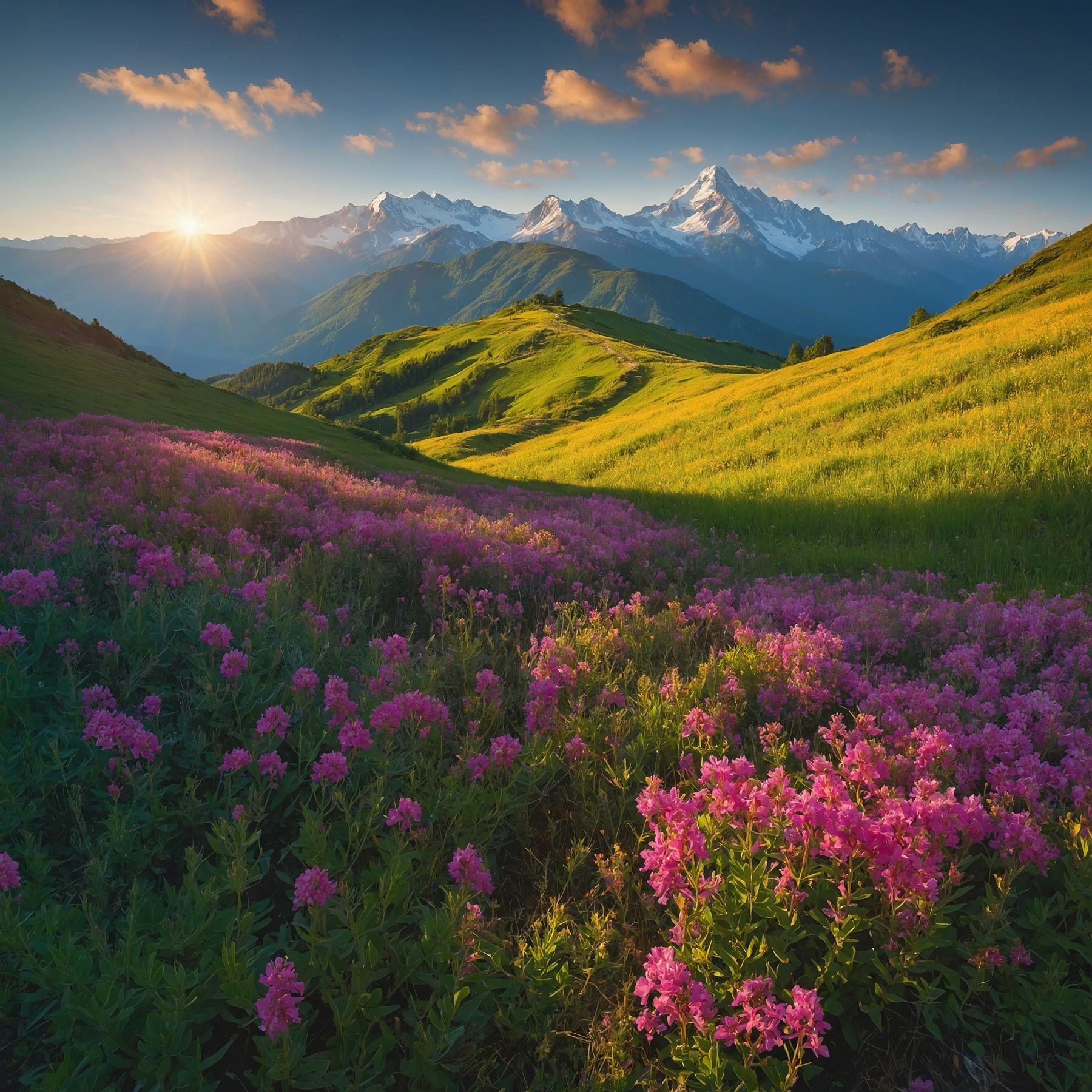 Field of flowers with mountains in the background