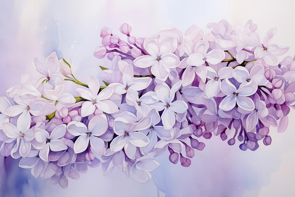 Schilderij van een tak paarse bloemen Schilderij van een tak paarse bloemen
