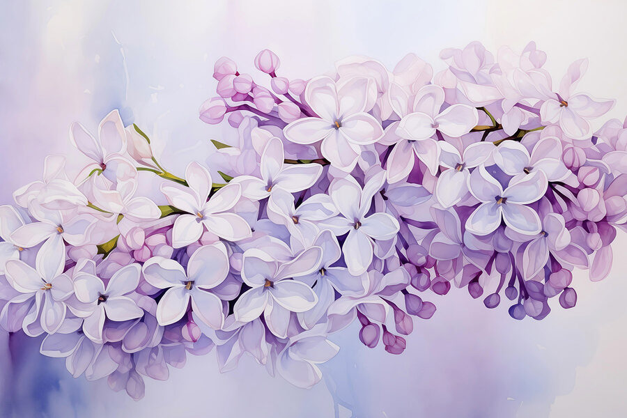 Schilderij van een tak paarse bloemen