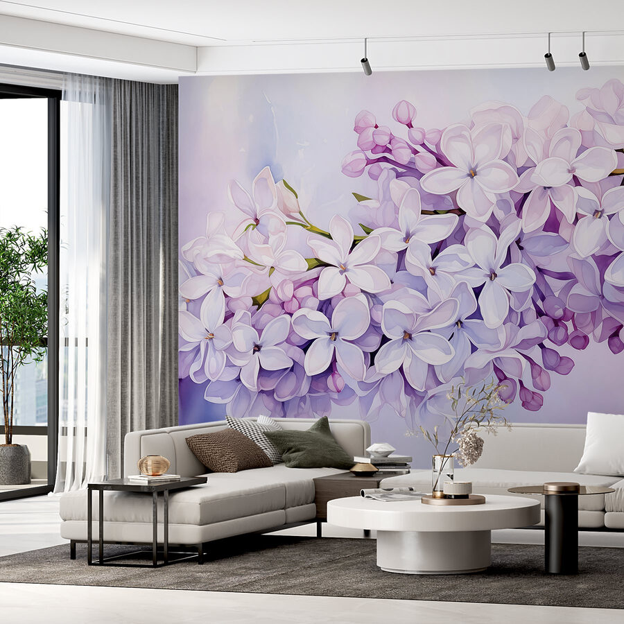 Schilderij van een tak paarse bloemen