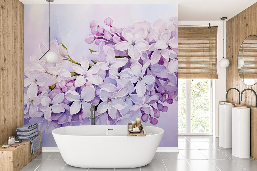 Schilderij van een tak paarse bloemen