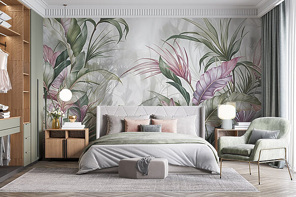 Schilderij van bloemen en bladeren Schilderij van bloemen en bladeren