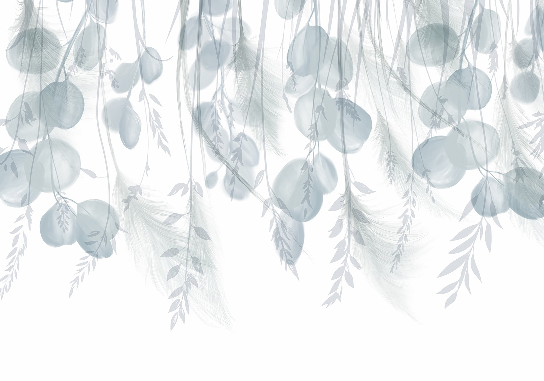 White and gray background with feathers and flowers