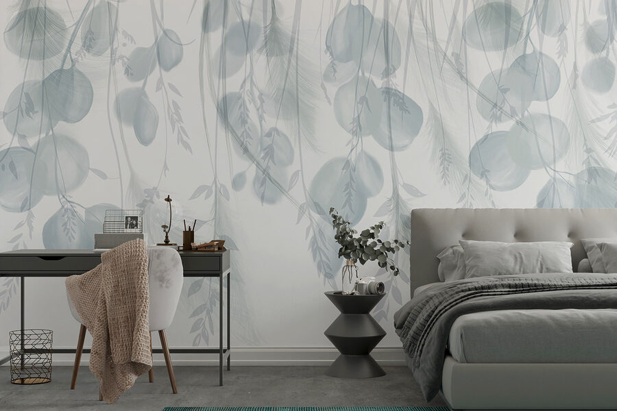 Witte en grijze achtergrond met veren en bloemen