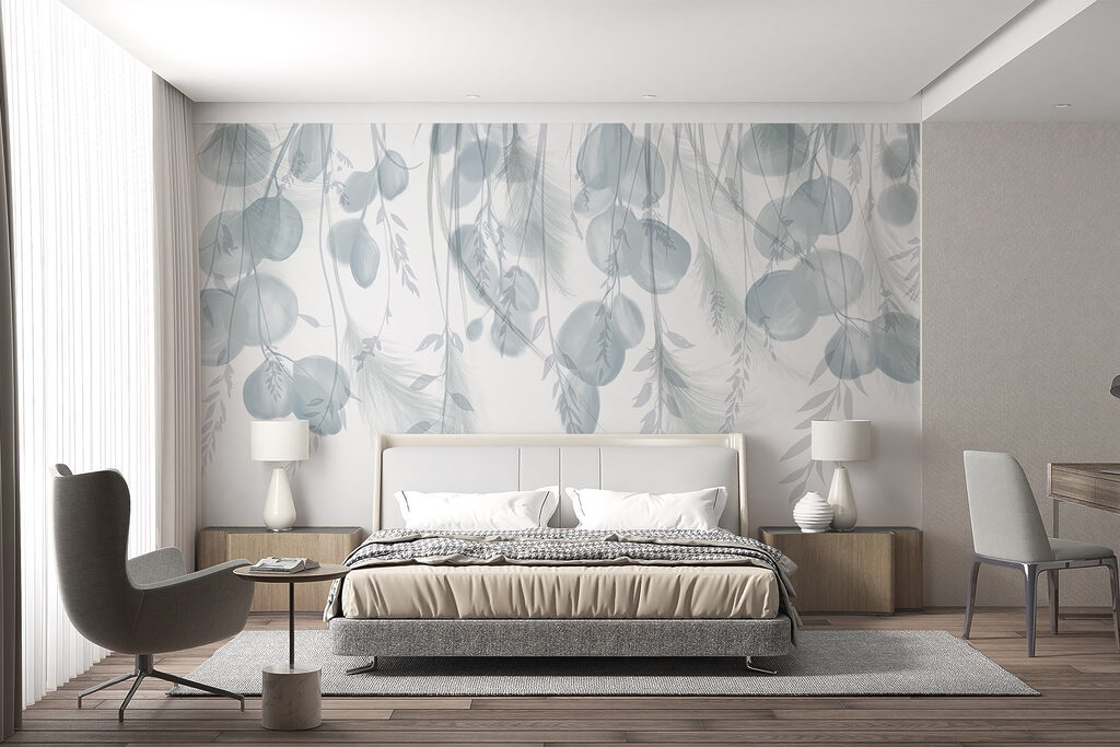 White and gray background with feathers and flowers
