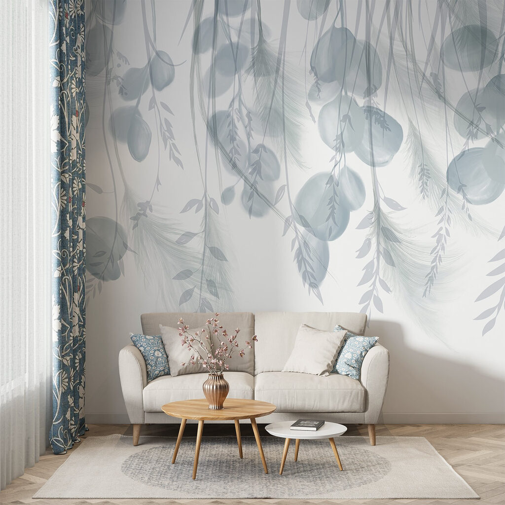 White and gray background with feathers and flowers