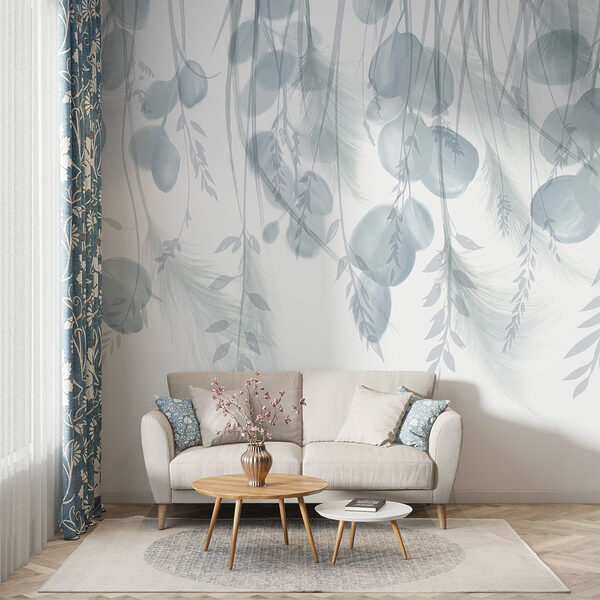 Witte en grijze achtergrond met veren en bloemen Witte en grijze achtergrond met veren en bloemen