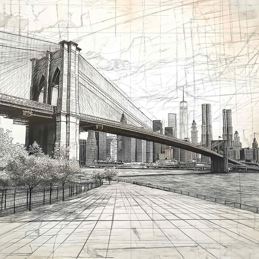 Tekening van een brug en een stad