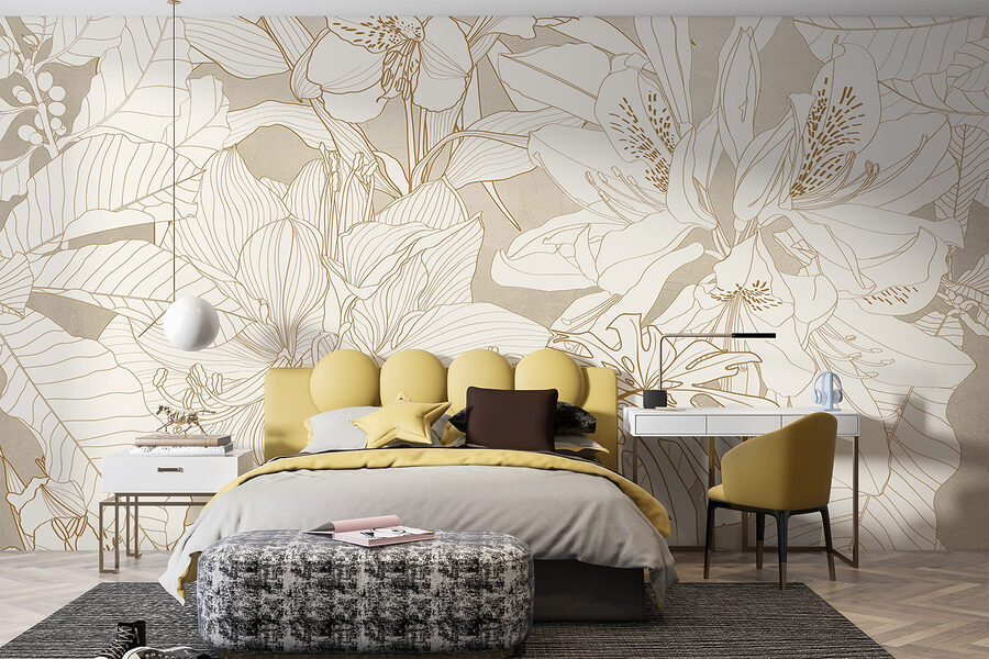 Behang met bloemen en bladeren