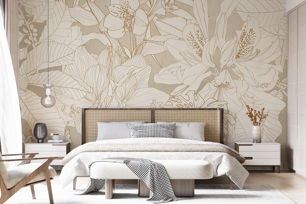 Wallpaper with flowers and leaves Wallpaper with flowers and leaves