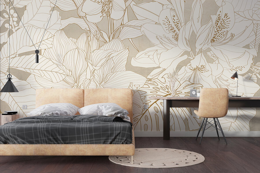 Behang met bloemen en bladeren