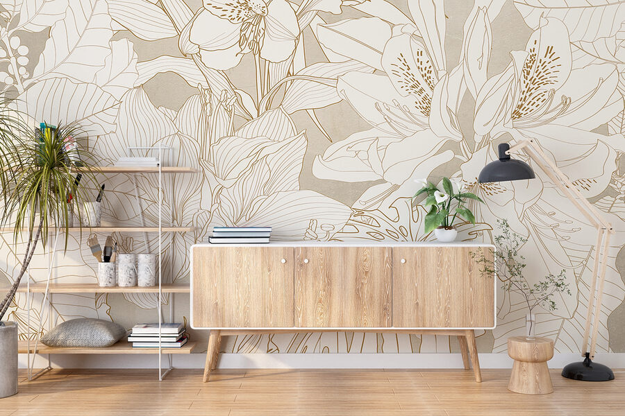 Behang met bloemen en bladeren