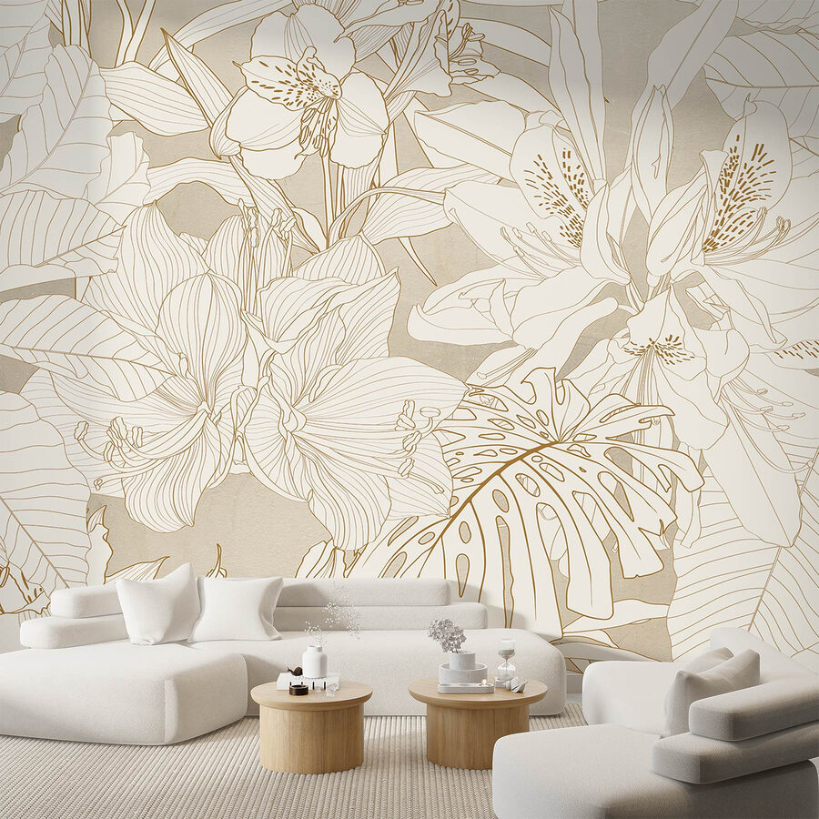Behang met bloemen en bladeren