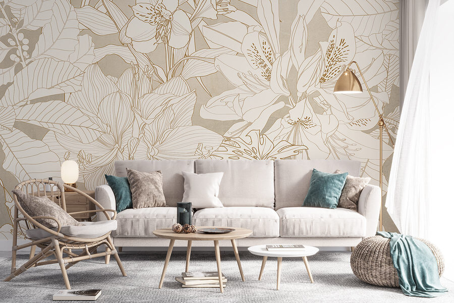 Behang met bloemen en bladeren