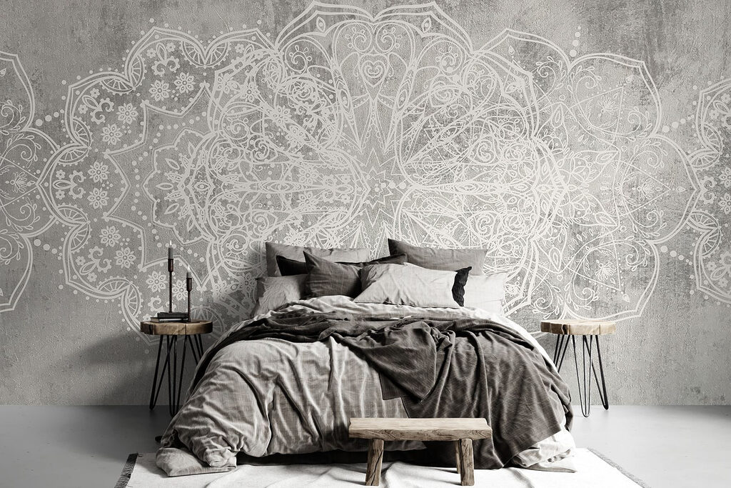 White ornate design on a grey surface White ornate design on a grey surface