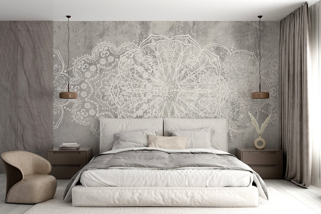 White ornate design on a grey surface White ornate design on a grey surface
