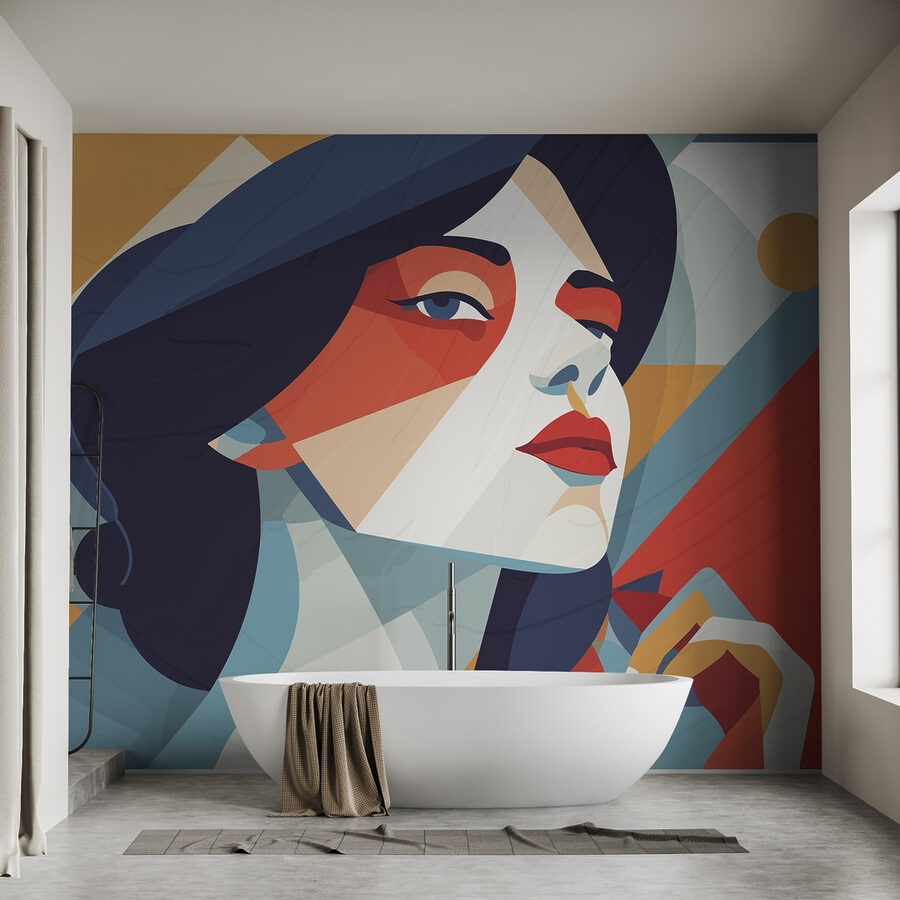 Fotobehang Vrouw met blauw haar en rode en witte make-up - Afbeelding 2