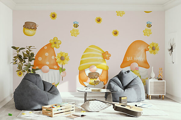 Groep kabouters met bloemen en bijen Groep kabouters met bloemen en bijen