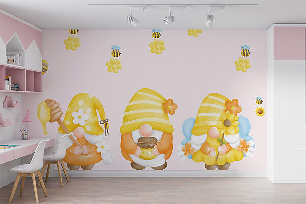 Groep kabouters met bloemen en bijen Groep kabouters met bloemen en bijen