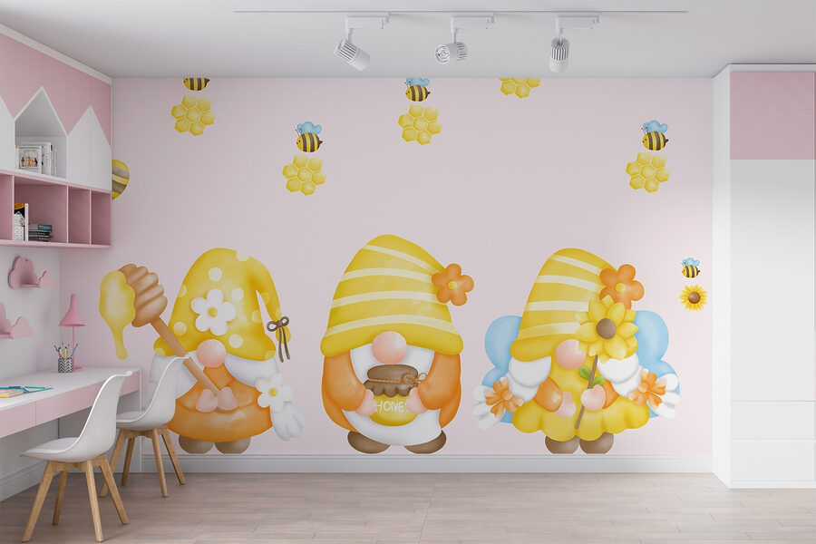 Groep kabouters met bloemen en bijen Groep kabouters met bloemen en bijen