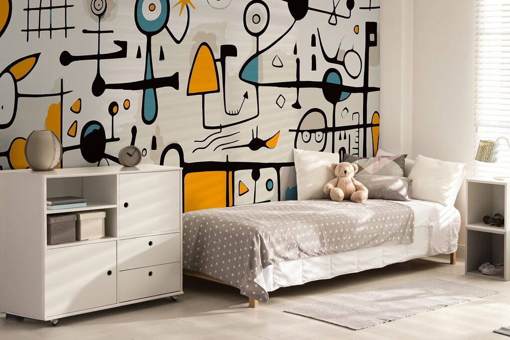 Colorful art piece with people and shapes Colorful art piece with people and shapes