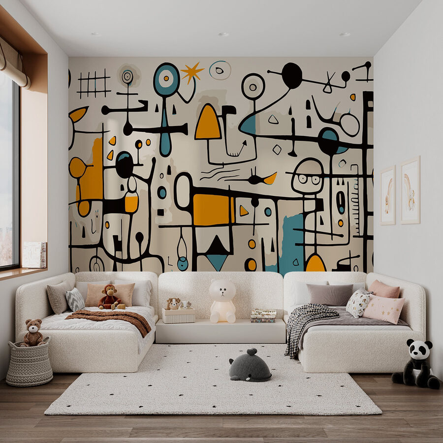 Kleurrijk kunstwerk met mensen en vormen