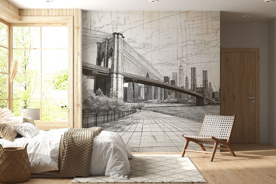 Tekening van een brug en een stad