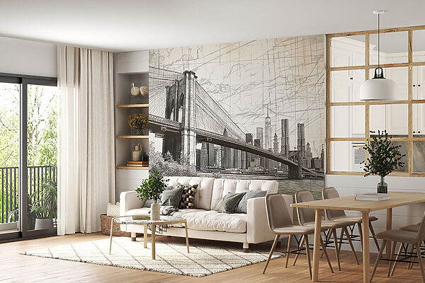 Tekening van een brug en een stad Tekening van een brug en een stad