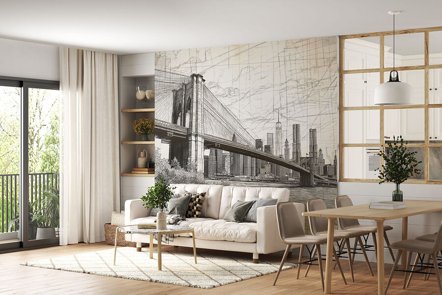 Tekening van een brug en een stad