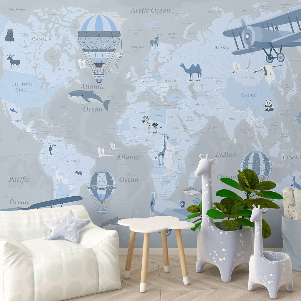 Map of the world with different types of airplanes and animals Map of the world with different types of airplanes and animals
