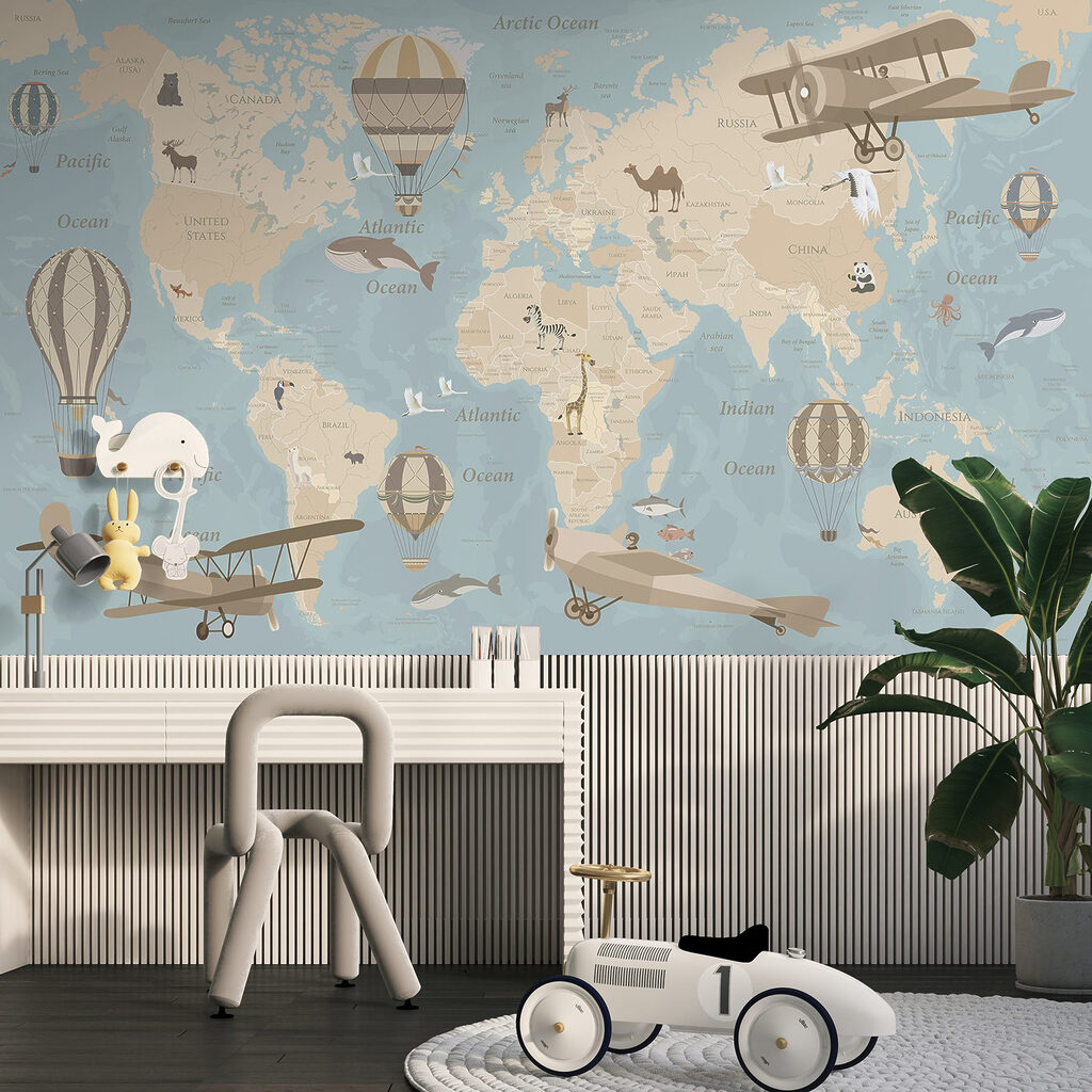 Wereldkaart met vliegtuigen en heteluchtballonnen u36066v5pir10ms 1024x1024 - Wereldkaart met vliegtuigen en heteluchtballonnen