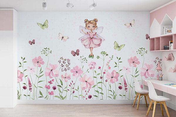 Aquarel van een fee in een roze jurk omringd door bloemen Aquarel van een fee in een roze jurk omringd door bloemen