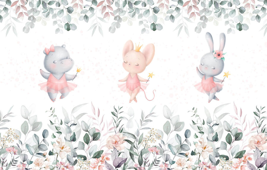 Groep dieren in roze tutu-rokjes en bloemen