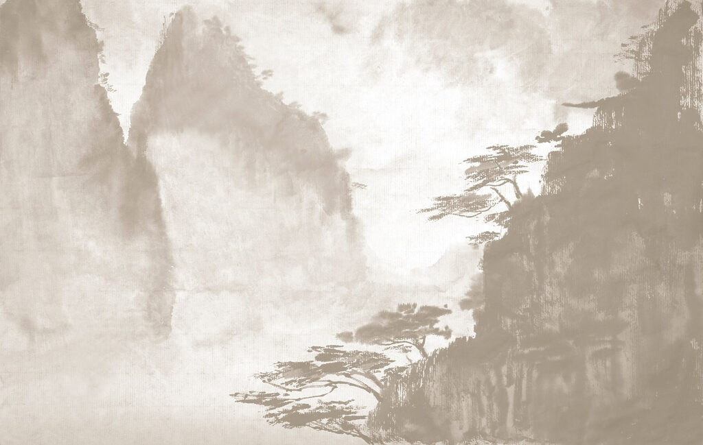 Schilderij van bomen en bergen Schilderij van bomen en bergen