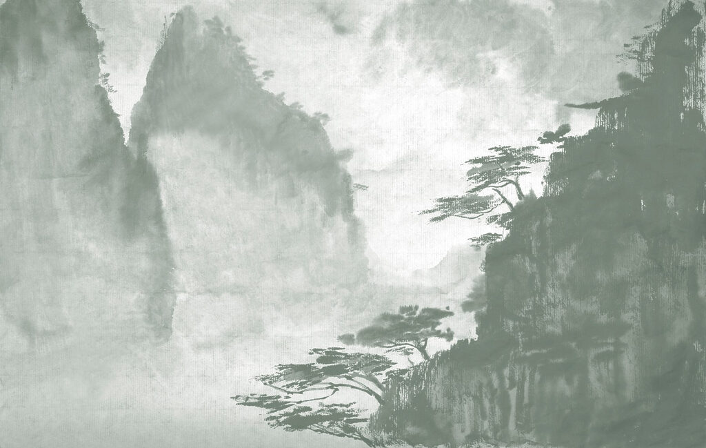 Schilderij van bomen en bergen Schilderij van bomen en bergen
